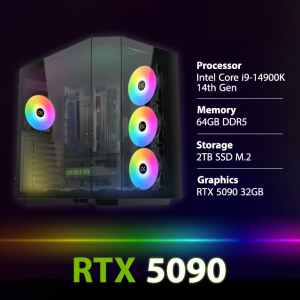 بي سي قمينق المعالج انتل كور آي 9-14900K، الرامات 64 جيجابايت، سعة التخزين 2 تيرابايت M.2 SSD، كرت الشاشة RTX 5090 32GB، ويندوز 11 بروفيشنال - أسود