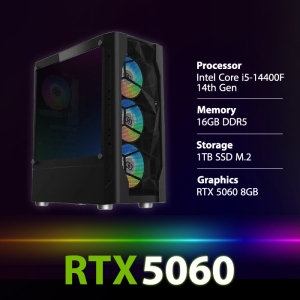 بي سي قمينق المعالج انتل كور آي 5-14400F، الرامات 16 جيجابايت، سعة التخزين 1 تيرابايت M.2 SSD، كرت الشاشة RTX 5060 8GB، ويندوز 11 بروفيشنال - اسود