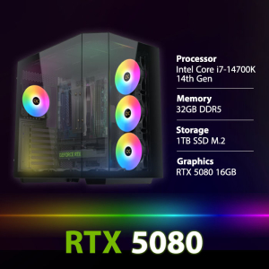 بي سي قمينق المعالج انتل كور آي 7-14700K، الرامات 32 جيجابايت، سعة التخزين 1 تيرابايت M.2 SSD، كرت الشاشة RTX 5080 16GB،ويندوز 11 بروفيشنال -اسود