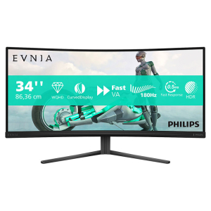 شاشة ألعاب منحنية فيليبس افينا 3000 مقاس 34 بوصة الترا وايد 3440x1440 2K، تقنية العرض VA، معدل التحديث 180 هيرتز، سرعة الاستجابة 0.5 ملي ثانية، المزامنة Adaptive سينك  - أسود