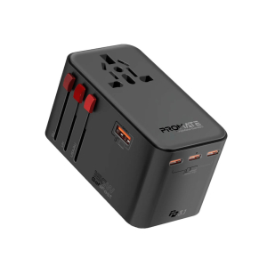 محول سفر عالمي بروميت TripMate-GaN160 بتقنية GaNFast مع 3 منافذ3.1 USB-C لتوصيل الطاقة بقدرة إجمالية 140 واط، منفذ USB-A لتوصيل الطاقة بقوة 60 واط، منفذ كهربائي عالمي