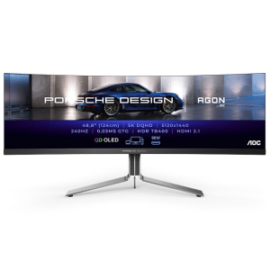 شاشة كمبيوتر الألعاب المنحنية AOC PD49 AGON PRO تصميم بورش بتقنية عرض QD-OLED، مقاس 49 بوصة 5120x1440 Dual QHD 5K، اتش دي ار 400، معدل التحديث 240 هيرتز، سرعة الاستجابة 0.03