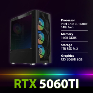 بي سي قمينق المعالج انتل كور آي 5-14400F، الرامات 16 جيجابايت، سعة التخزين 1 تيرابايت M.2 SSD، كرت الشاشة RTX 5060TI 8GB، ويندوز 11 بروفيشنال - اسود