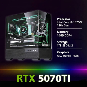 بي سي قمينق المعالج انتل كور آي 7-14700F، الرامات 16 جيجابايت، سعة التخزين 1 تيرابايت M.2 SSD، كرت الشاشة RTX 5070TI 16GB، ويندوز 11 بروفيشنال -اسود