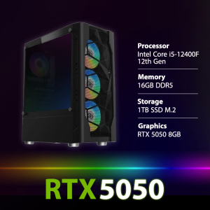 بي سي قمينق المعالج انتل كور آي 5-12400F، الرامات 16 جيجابايت، سعة التخزين 1 تيرابايت M.2 SSD، كرت الشاشة RTX 5050 8GB، ويندوز 11 بروفيشنال - اسود