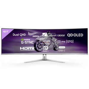شاشة كمبيوتر الألعاب المنحنية فيليبس افينا 8000 بتقنية عرض QD-OLED، مقاس 49 بوصة 5120x1440 Dual QHD 5K، اتش دي ار 400، معدل التحديث 240 هيرتز، سرعة الاستجابة 0.03