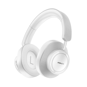 سماعة رأس بروميت Takt اللاسلكية، جودة صوت نقية، تشغيل يصل إلى 12 ساعة، بلوتوث إصدار 5.4، ميكروفون مدمج، دعم AUX، وضعان سلكي ولاسلكي، تصميم قابل للطي، عصابة رأس قابلة للتعديل، تصميم من القماش والجلد - أبيض