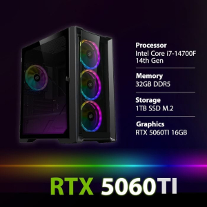 بي سي قمينق المعالج انتل كور آي 7-14700F، الرامات 32 جيجابايت، سعة التخزين 1 تيرابايت M.2 SSD، كرت الشاشة RTX 5060TI 16GB، ويندوز 11 بروفيشنال - اسود