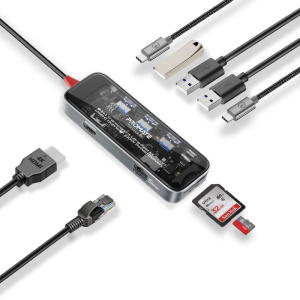 موزع بروميت TransHub-Go النحيف متعدد المنافذ 9 في 1 مع منفذ USB-C لتوصيل الطاقة بقدرة 100 واط، منفذ HDMI يدعم دقة عرض 4K، منفذ 3.0 USB-A
